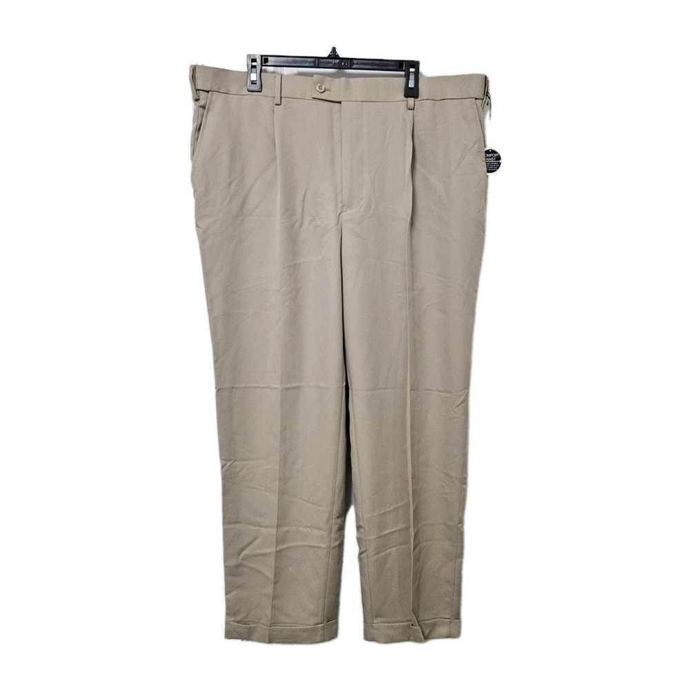 Saddlebred Dress Pants Men 42x30 Khaki Comfort Waist Straight Fit Pleated Cuffed